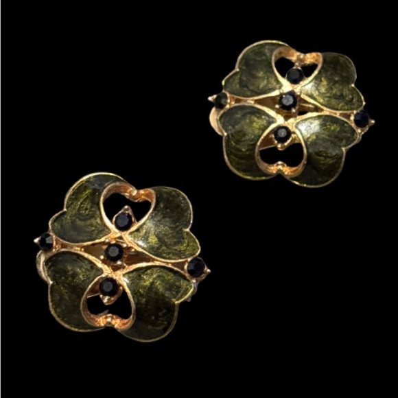 Vintage Gold & Black Enamel Earrings With Rhinestones - Picture 2 of 10